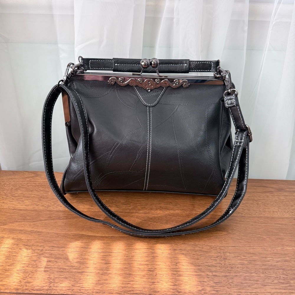 Vintage Inspired Black Oil Wax PU Leather Kisslock Handbag Shoulder Bag Purse